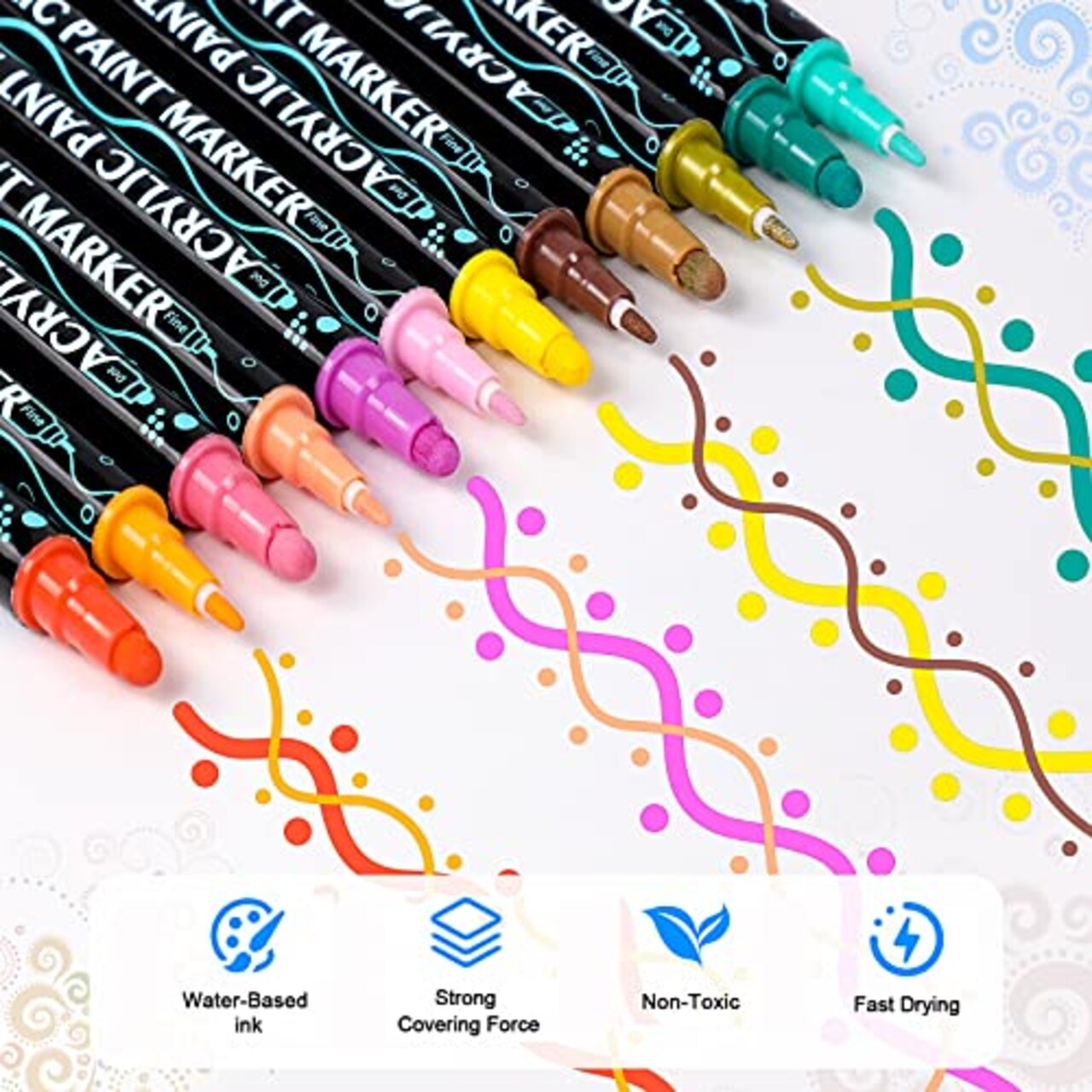 12 Colors Acrylic Paint Pens,Paint Markers Dual Tip for Wood, Canvas, Stone, Rock Painting, Glass, Ceramic Surfaces,DIY Crafts Making Art Supplies